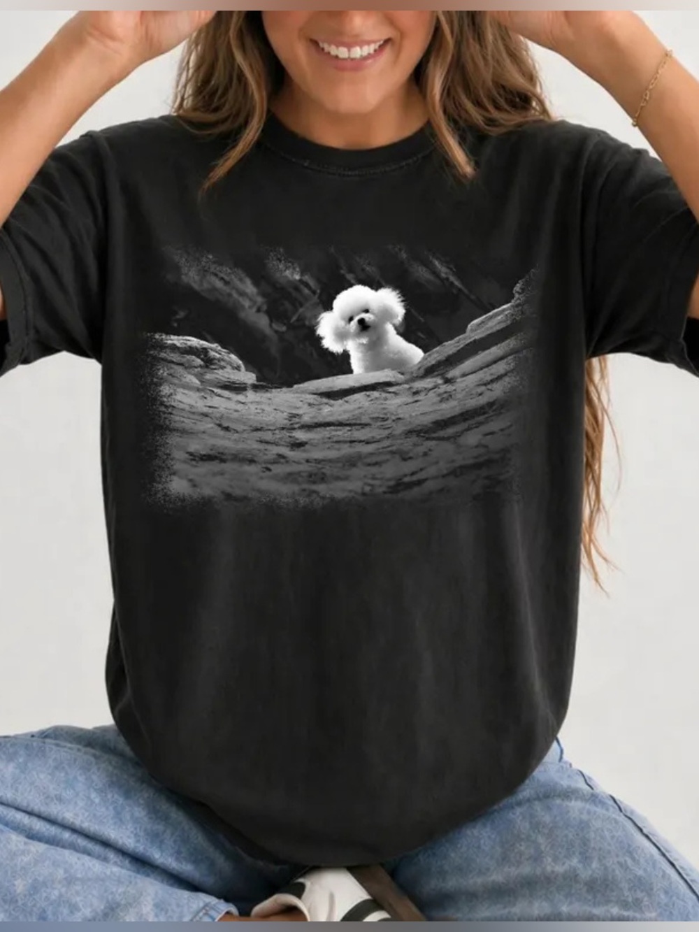 Classic Black Cute Dog Tee with White Puppy Graphic